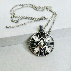 Long Chain Silver Tones Hollow Round Round with Spokes Pendant Necklace